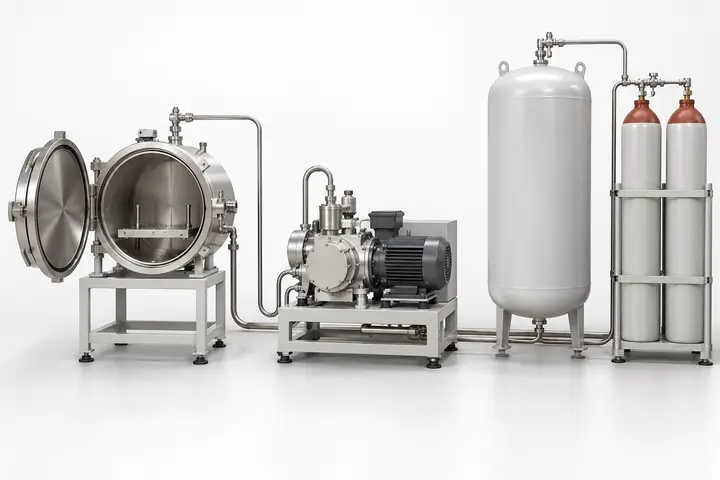 Испытательный процесс, сбор газа, компрессор и ёмкости повторной подачи гелия